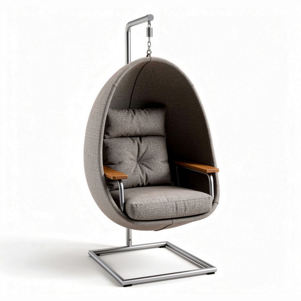 Hanging egg chair with cushion and wooden armrests for indoor or outdoor use