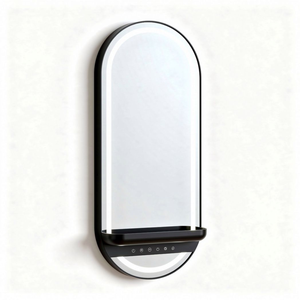LED bathroom mirror with shelf 80 x 40 x 6cm black finish touch control