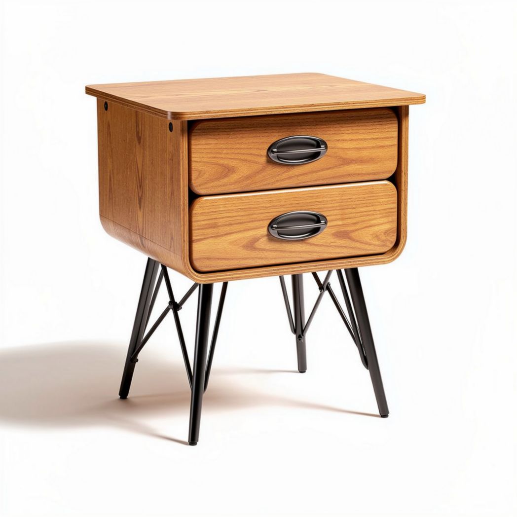 Wooden bedside table with two drawers and metal legs 45 x 40 x 50cm