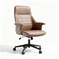 Brown leather office chair with adjustable height and rolling casters