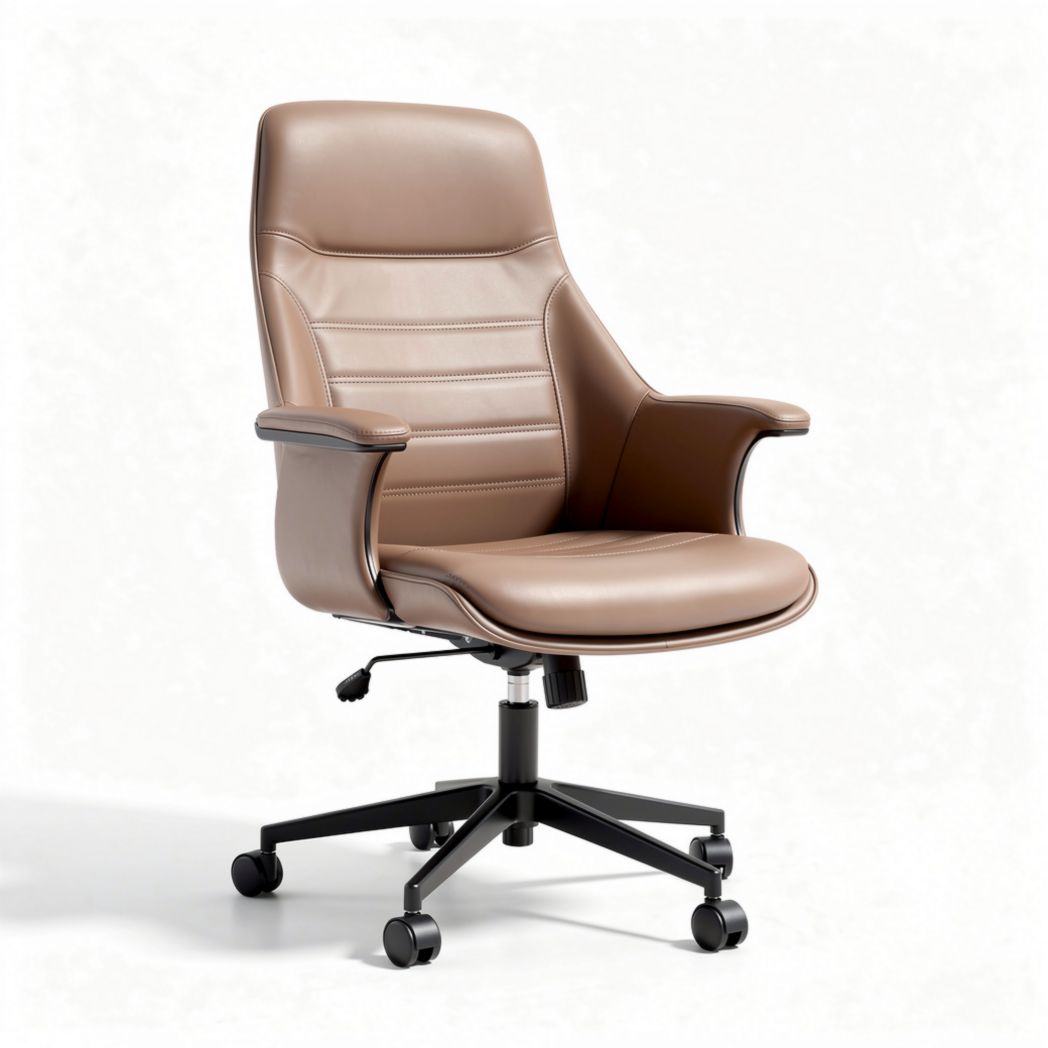 Brown leather office chair with adjustable height and rolling casters
