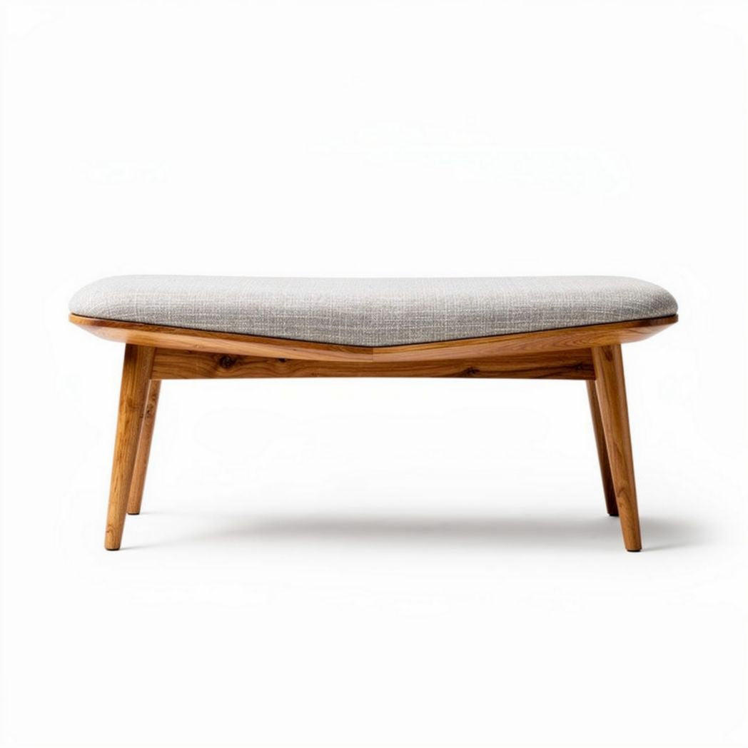 Bamboo frame bench with gray upholstered seat and angled design 120 x 60 x 45cm