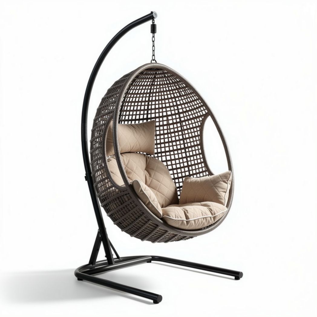 Brown wicker hanging chair with plush cushions for indoor outdoor use