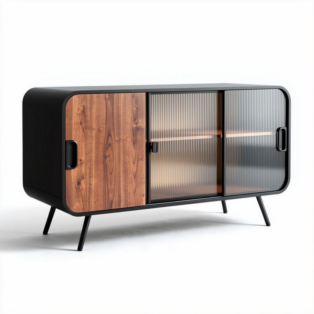 Modern wooden sideboard with glass doors and metal legs 140 x 40 x 70cm
