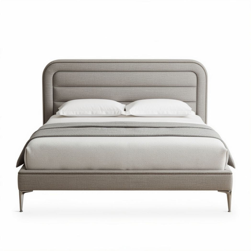 Upholstered queen bed frame with contemporary design and gray fabric