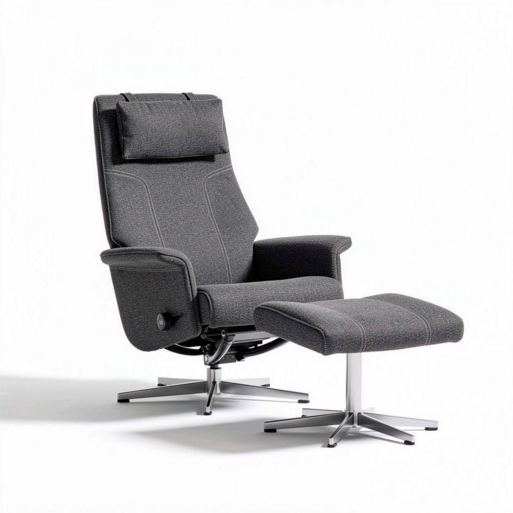 Contemporary ergonomic lounge chair with adjustable headrest in gray fabric
