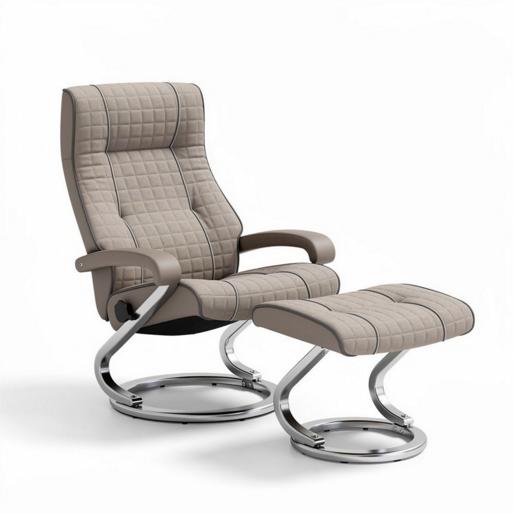 Leather reclining chair with ottoman in beige and chrome base 80 x 75 x 100cm