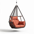 Hanging outdoor swing chair in dark rattan with orange cushions 90 x 100 x 150cm