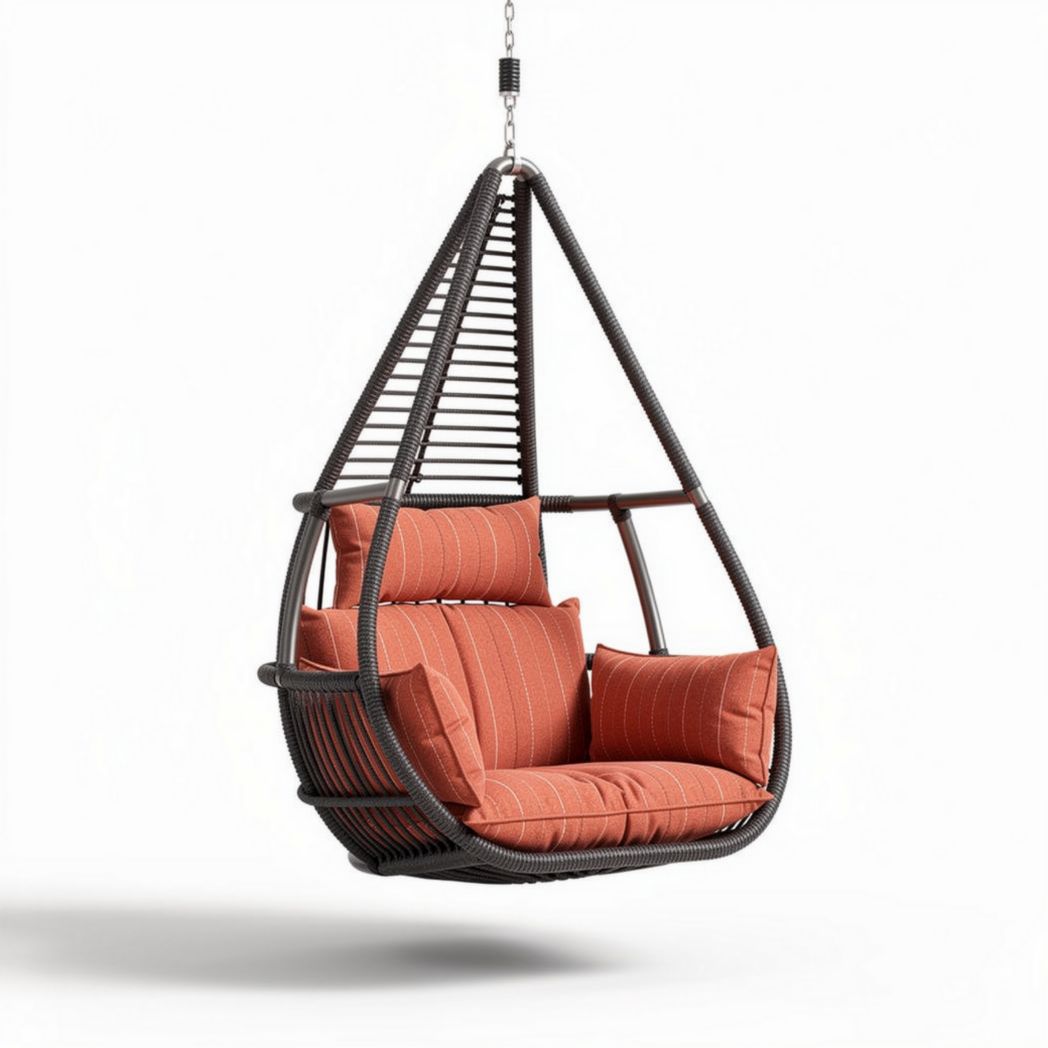 Hanging outdoor swing chair in dark rattan with orange cushions 90 x 100 x 150cm